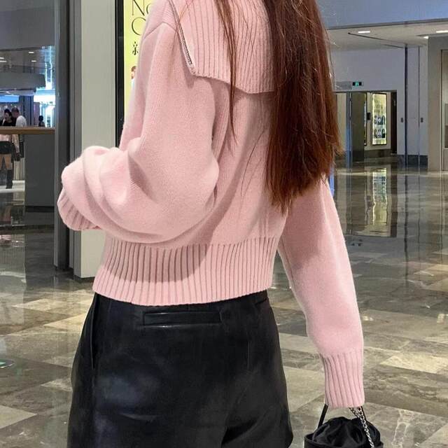 Okomo joint zipper large lapel short sweater jacket 2024 winter new product