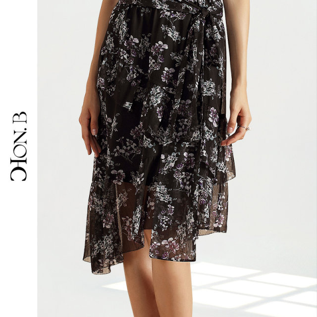 Red Beti Chiffon Sweet Print Summer New Irregular Temperament Elegant Mid-length Gentle Style Skirt