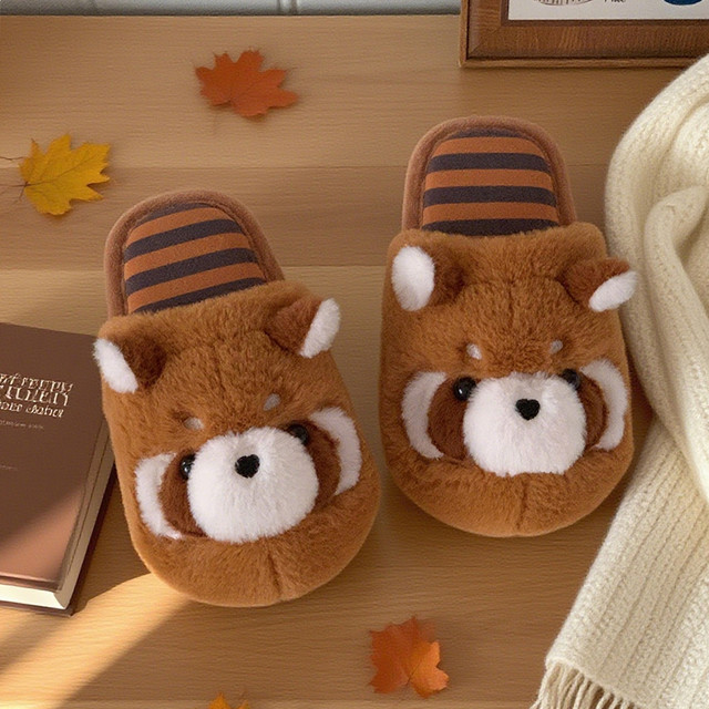 Thin strips of cute raccoon cotton slippers for couples indoor non-slip warm furry slippers winter home shoes for men and women