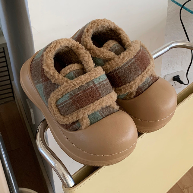 Thin Strips Retro Contrast Color Plaid Bread Shoes Cotton Shoes Women's Winter Ins Non-Slip Thick Soled Parent-Child Velcro Furry Shoes