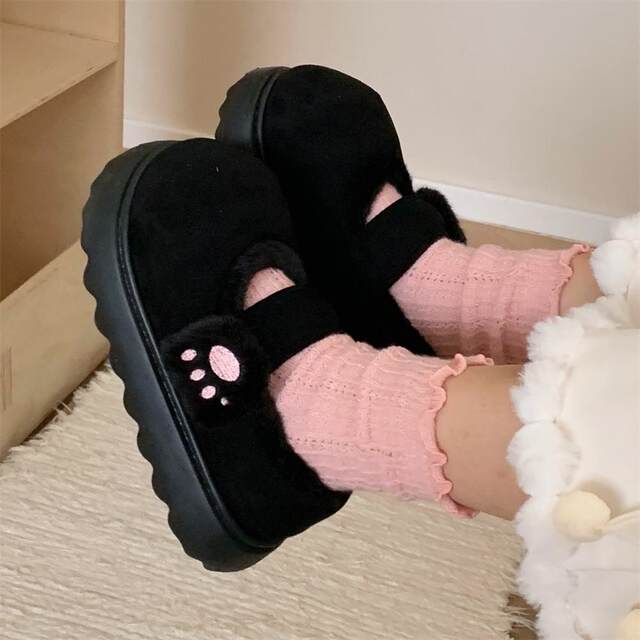 Thin strips, cute cat claw Velcro cotton shoes, winter plus velvet thick sole single shoes, girl's heart warm round-toe bean shoes