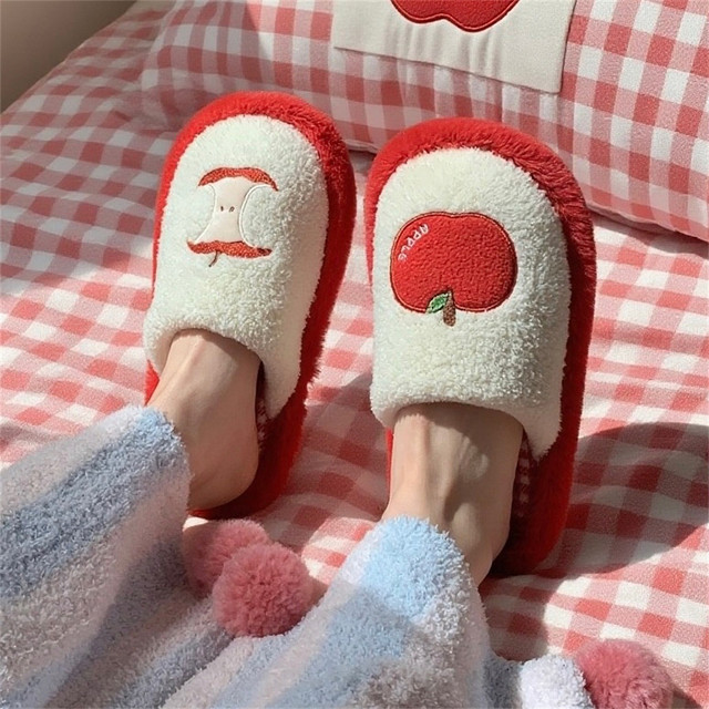 
Thin strips Cute red apple cotton slippers for women in winter girls' heart fur shoes at home floor non-slip confinement shoes