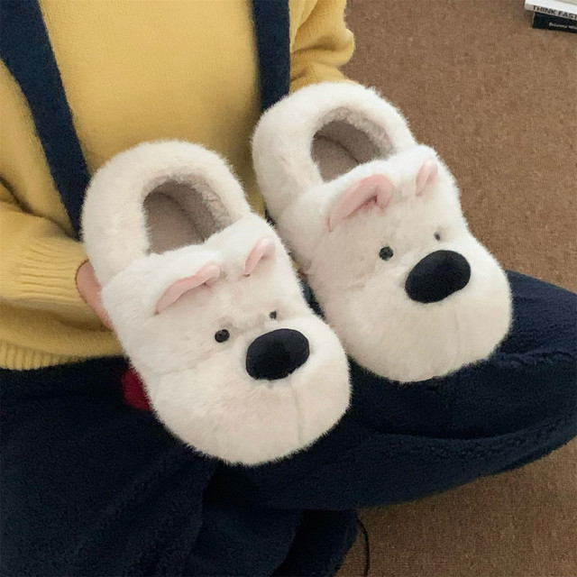 Thin Strips Couples Home Non-Slip West Highland Puppy Furry Shoes Winter Warm Cute Bag Heels Cotton Slippers for Men and Women