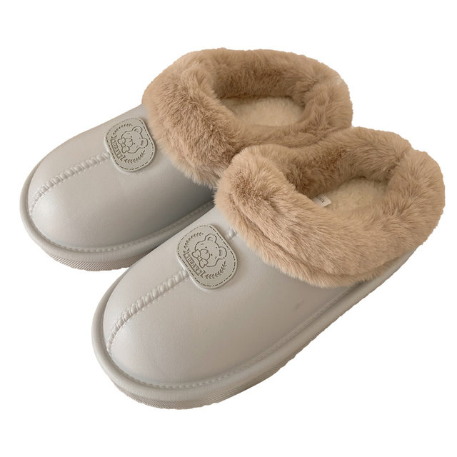 Thin strips, waterproof cotton slippers, men and women, thick sole, non-slip, winter warm and fluffy, can be worn outside at home