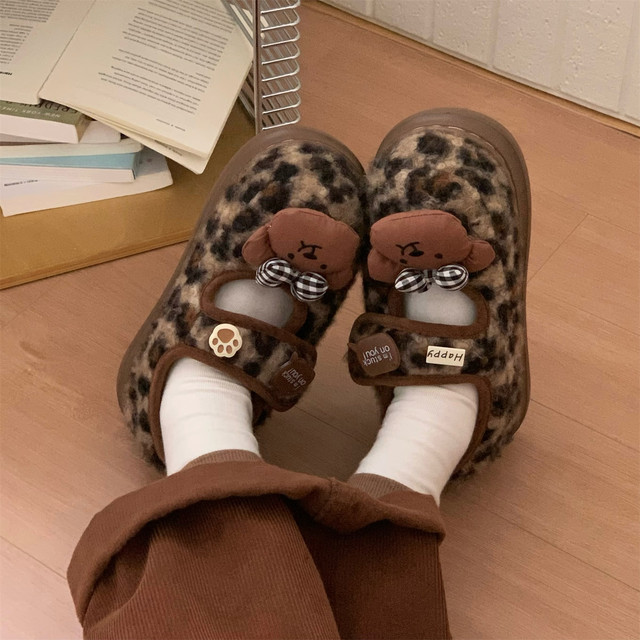 Thin strips Bear Velcro leopard print cotton shoes cute non-slip thick sole plus velvet Mary Jane fur shoes for women winter ins