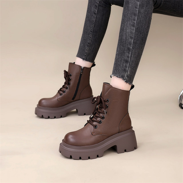 2025 new genuine leather Martin boots for women's spring and autumn single boots toe layer cowhide leather popular internet celebrity thick-soled high-rise short boots
