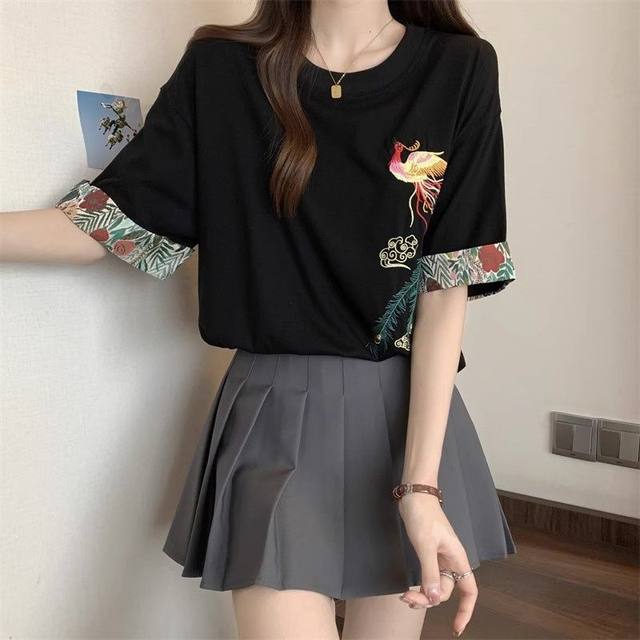 
High-end embroidered black short-sleeved T-shirt for women's mid-length new Chinese style top new summer large size fat mm