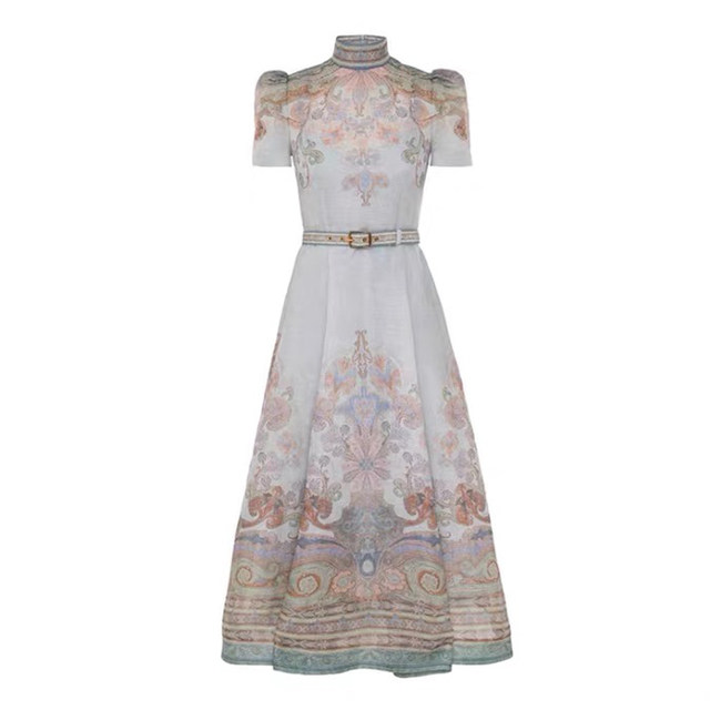 2025 Spot Australian Autumn New Silk Linen Small High Neck Belt Waist Short Sleeve Mid-Length Dress with Suspenders