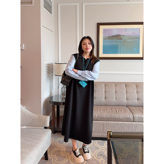 VOGANA Cannes home large size women's clothing Korean high-smart long skirt fashionable contrasting color splicing fake two-piece loose dress
