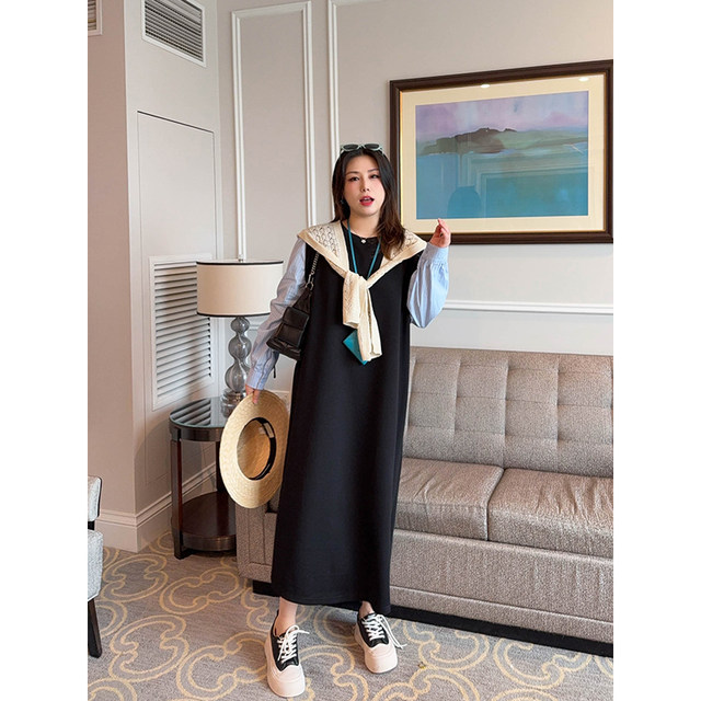 VOGANA Cannes home large size women's clothing Korean high-smart long skirt fashionable contrasting color splicing fake two-piece loose dress
