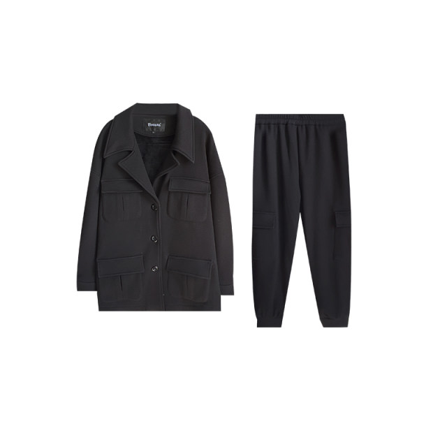 Large size original Korean leisure thickened warmth pineapple grid compound velvet jackets suit
