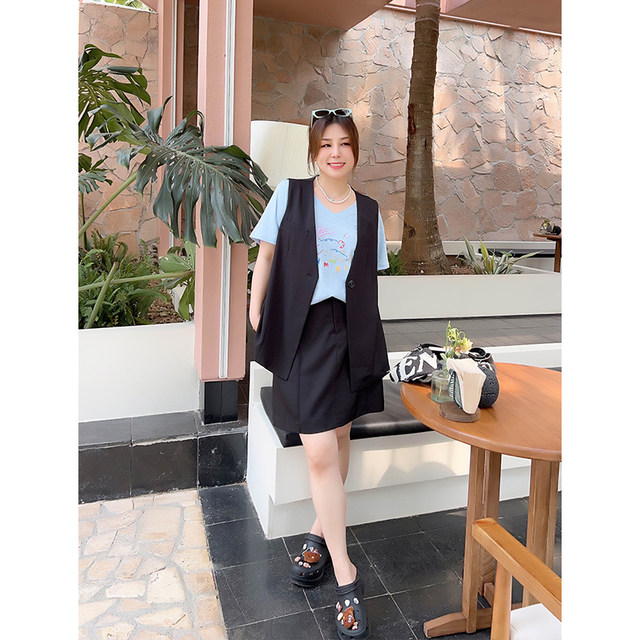 Vogana Cannes Large -size original V -neck suit vest skirt set Summer loose and thin A -line two -piece
