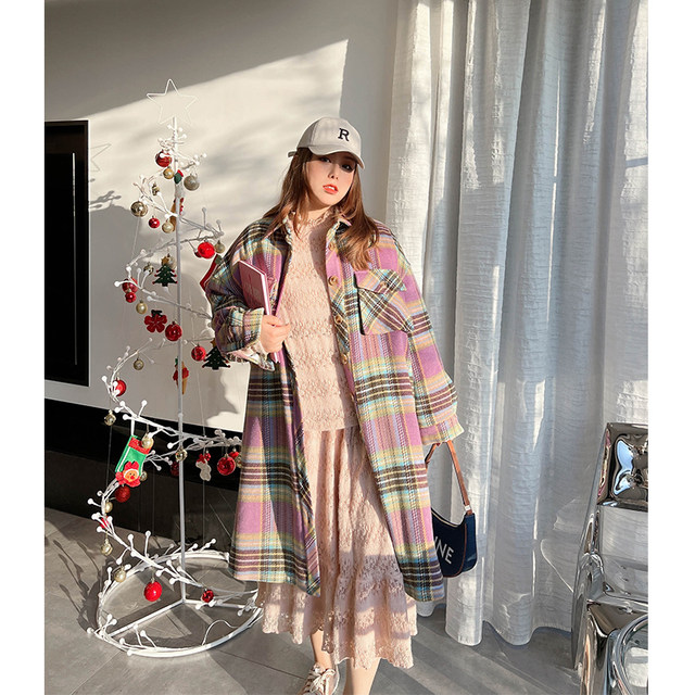 Cannes Large Size New Year Rainbow Check Korean Style Loose Padded Warm Long Wool Coat Jacket