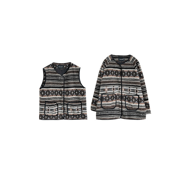 Vogana Cannes Large size original retro Fund pattern texture warm lamb hair loose jacket vest
