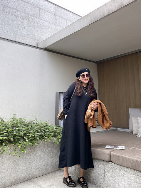 Cannes large size slightly fat Korean style simple cotton sweatshirt dress with big sway dress