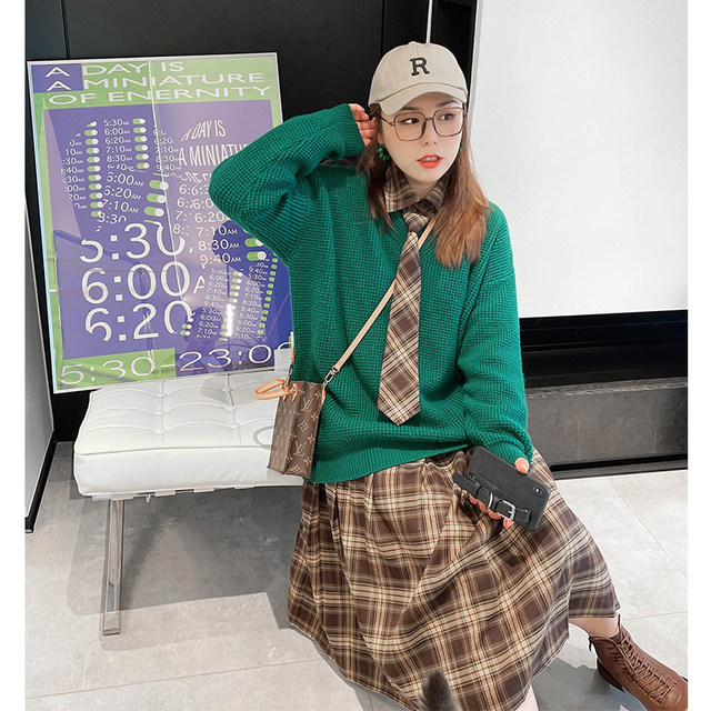 vogana Cannes plus size original age-reducing college style pattern skirt detachable tie brushed pleated dress