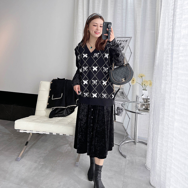 Vogana Cannes Family Large -size Original French Vocal Vull velvet Mid -long skirt temperament, waist high waist A -line dress
