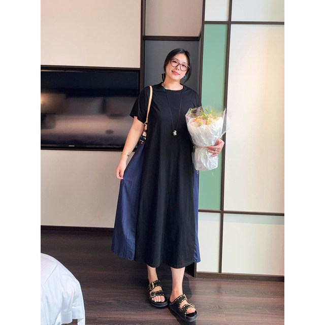 
VOGANA Cannes home large size women's clothing fashionable summer eye-catching contrasting color splicing loose slimming A-line dress summer
