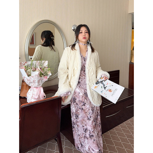 Vogana Cannes Large -size Original Champs Dinner French Warm velvete Vegetable Edge waist A -line dress