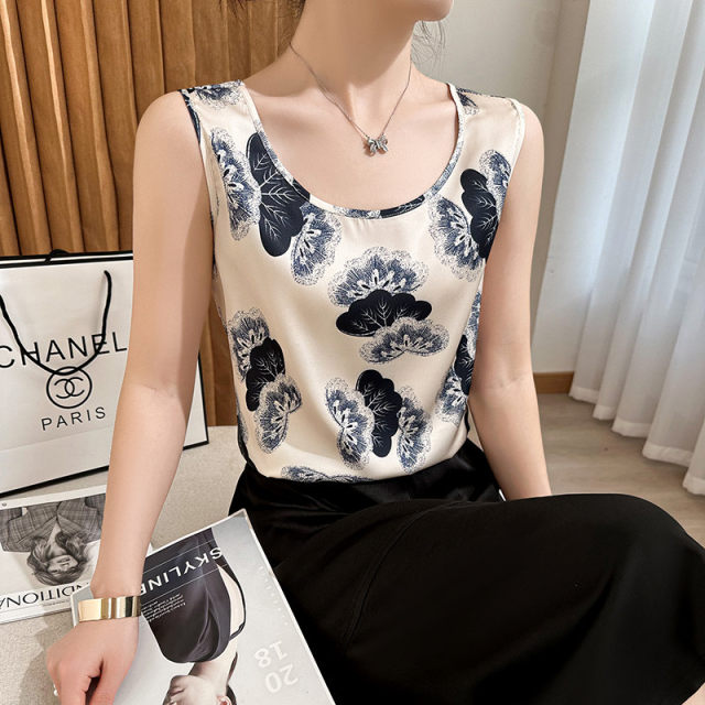 Summer acetic acid satin round neck printed wide shoulder strap vest women's top with loose base and suit
