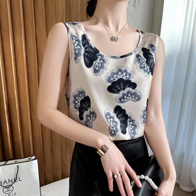 Summer acetic acid satin round neck printed wide shoulder strap vest women's top with loose base and suit
