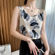 Summer acetic acid satin round neck printed wide shoulder strap vest women's top with loose base and suit
