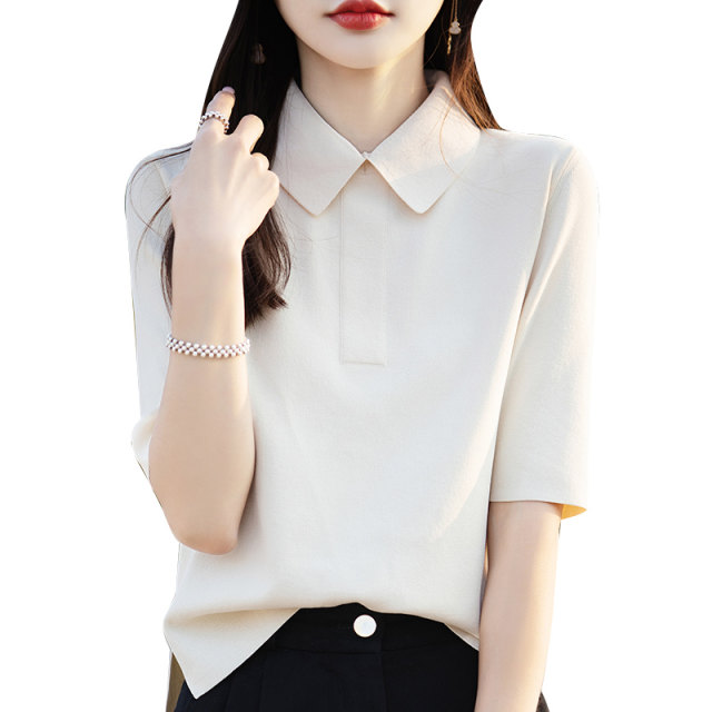 Modern urban style French retro polo lapel half-sleeved sweater ice silk mid-sleeved T-shirt short-sleeved top

