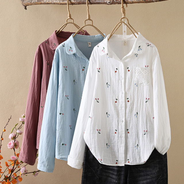 Japanese Mori Women's New Cartoon Embroidered Cherry Lace Hollow Pocket Women's Long Sleeve Shirt Trendy