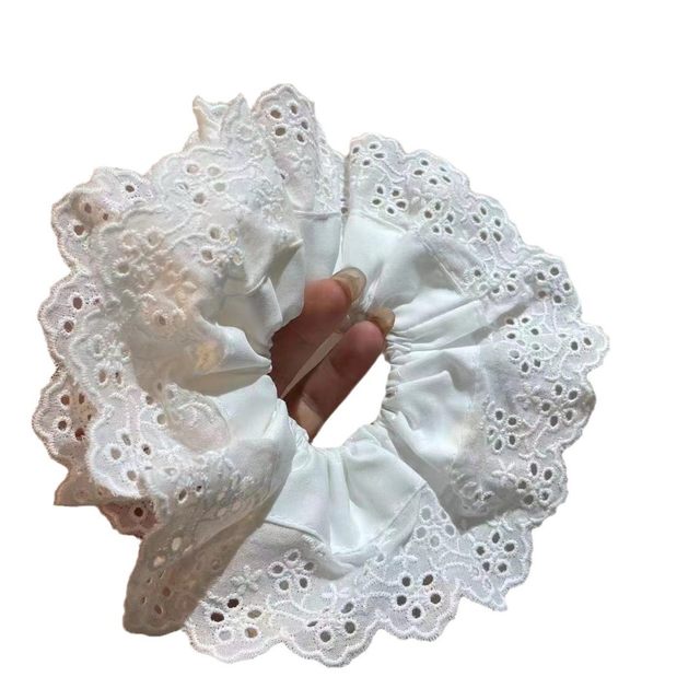 Square round white lace large intestine hair ring 2025 new rubber band French lazy retro lace hair ring