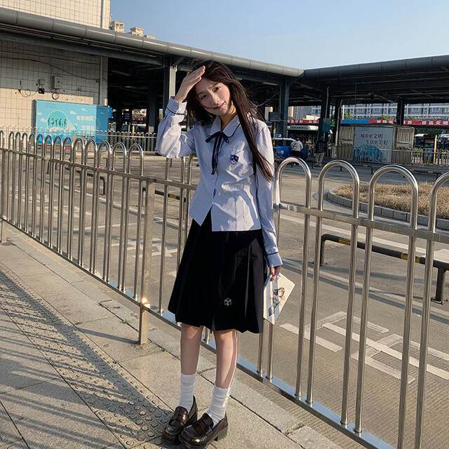 Stars hug the moon, Rhodes-Chinese shirt, college style, white striped waist, long sleeves, slim jk uniform top for women