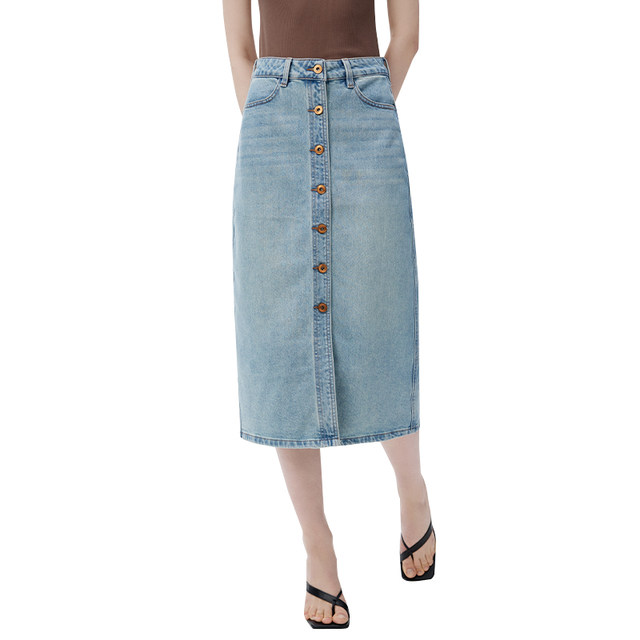 2025 spring and summer denim skirt elegant and casual high-waisted high-slim front button midskirt
