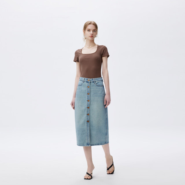 2025 spring and summer denim skirt elegant and casual high-waisted high-slim front button midskirt
