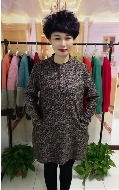 Autumn and winter middle-aged and elderly mothers' tops with fungus stand-up collar and thickened German velvet with pockets to cover the belly, fashionable mid-length dress