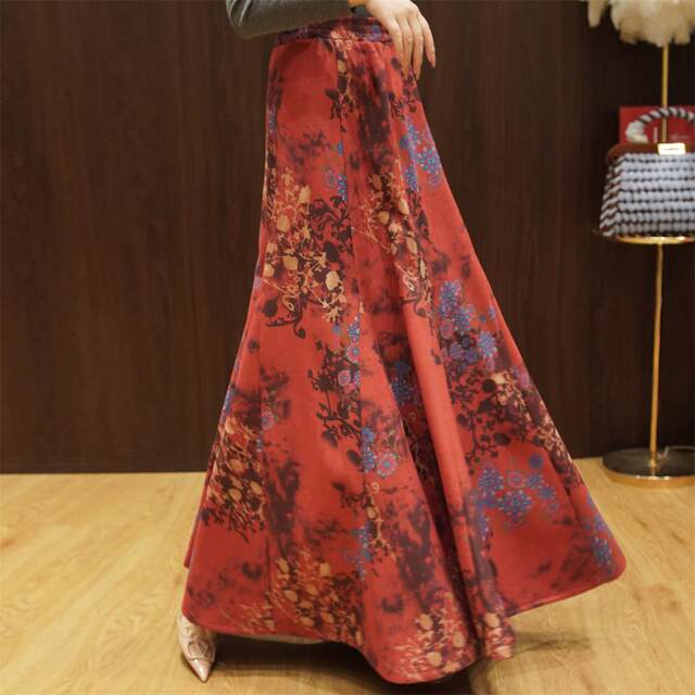 RL autumn and winter new skirts are slim and versatile thick skirts, large hem skirt, super long skirt, suede printed skirt, large size