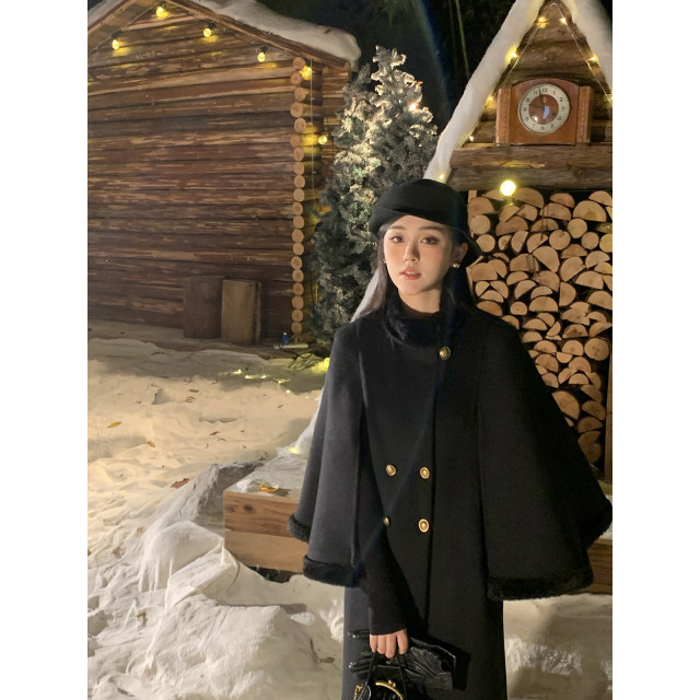 Thecoco 50 wool black cape coat women's winter new temperament versatile thin shawl woolen coat

