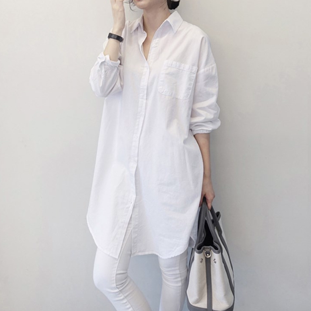 Korean white shirt for women long sleeves, mid-length loose large size slim striped top 2025 spring and autumn new shirt