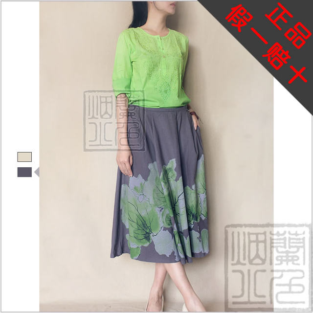 Season clearance for spring and summer soft cotton linen women's half-waist skirt. Singyou genuine hand-printed literary middle skirt. Ye