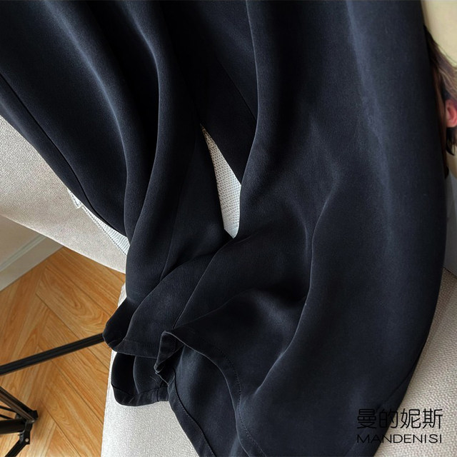 Quality goods! 32 Mmi thick heavy silk crepe black pants straight pants mulberry silk cropped pants women