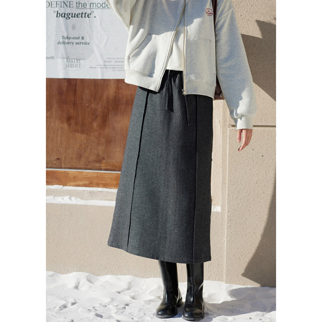 MISAZ textured items, wool blended color versatile mid-length skirt, piece-on decoration winter straight skirt
