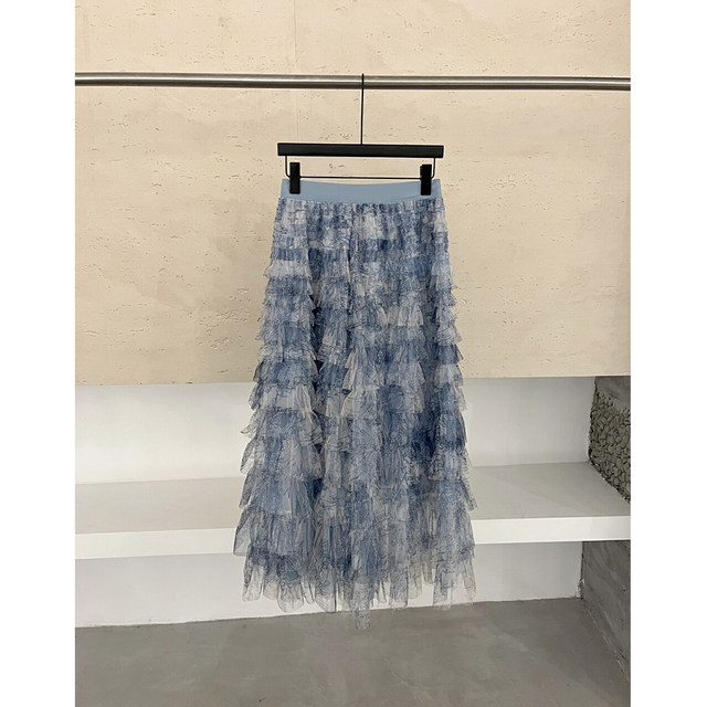 2025 spring and summer new A-line high waist mid-length retro tie-dye mesh pleated cake skirt for women