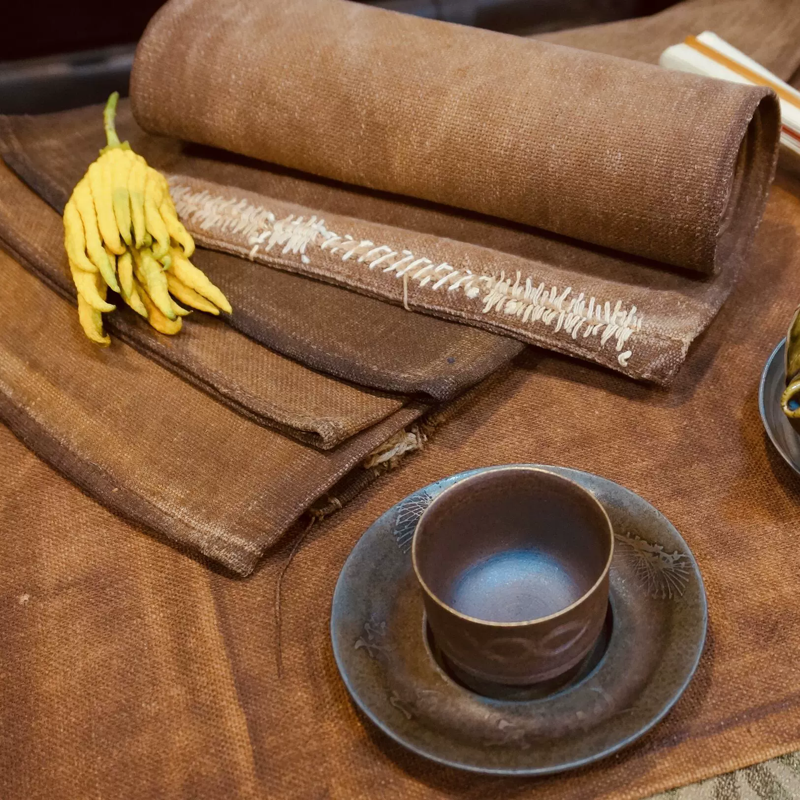 日本古董柿染酒袋太阳之染棉布古布茶席桌旗茶垫