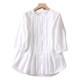 2025 autumn new style round neck spliced ​​pleated small shirt, blue and white striped quarter sleeve cotton, women's loose shirt