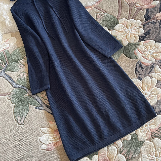Hooded 100 pure wool knitted dress for women's autumn and winter large size base skirt loose mid-length thick sweater skirt