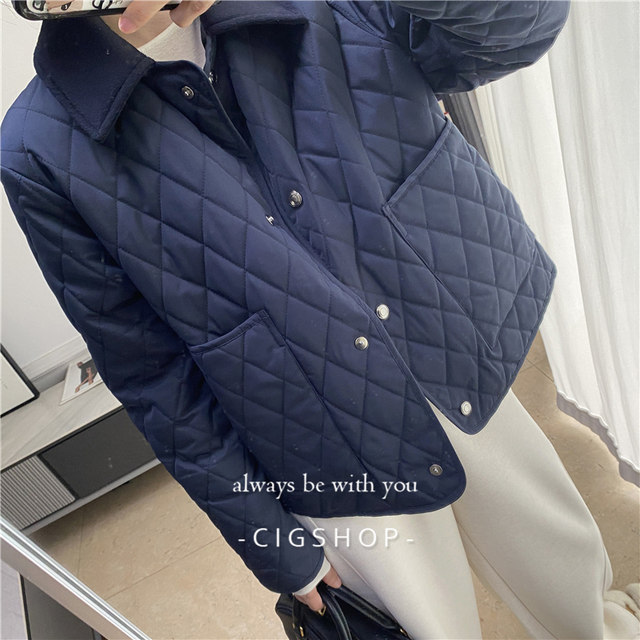 Self-restrained high-end wool collar quilted diamond lightweight cotton jacket with high-sensory cotton jacket with short jacket