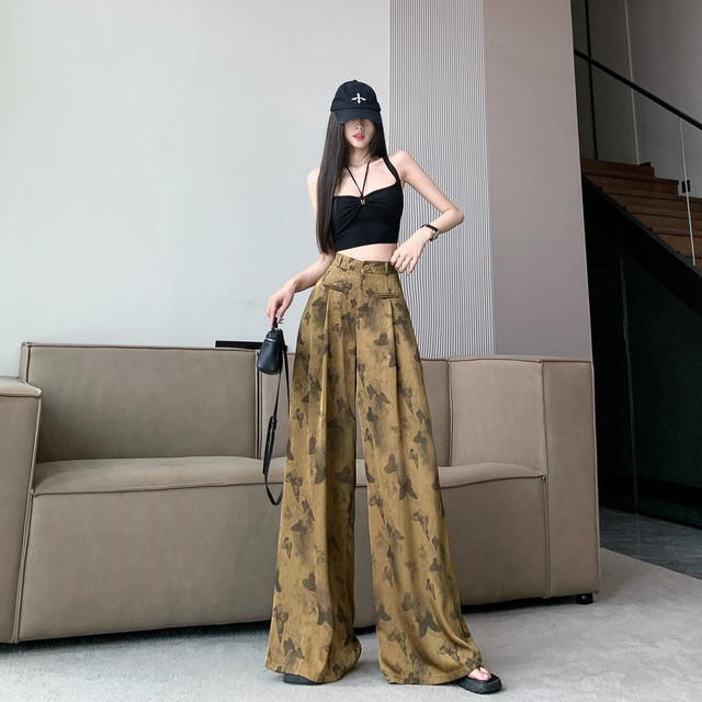 Ink butterfly printed acetate wide-leg pants for women's suit skirts and trousers spring and autumn floor pants ice silk national style extended trousers
