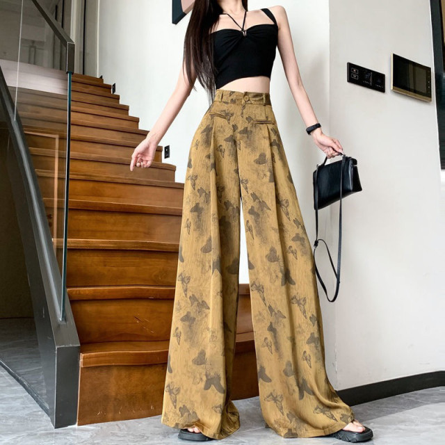 Ink butterfly printed acetate wide-leg pants for women's suit skirts and trousers spring and autumn floor pants ice silk national style extended trousers
