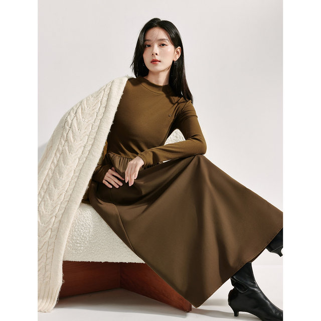 Inman knitted splicing dress for women in autumn new half-high neck long sleeve waist A-line base long skirt 18438120