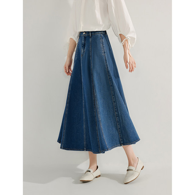 Inman French A-line denim skirt 2025 spring women's new elastic high-waist simple and versatile casual umbrella skirt
