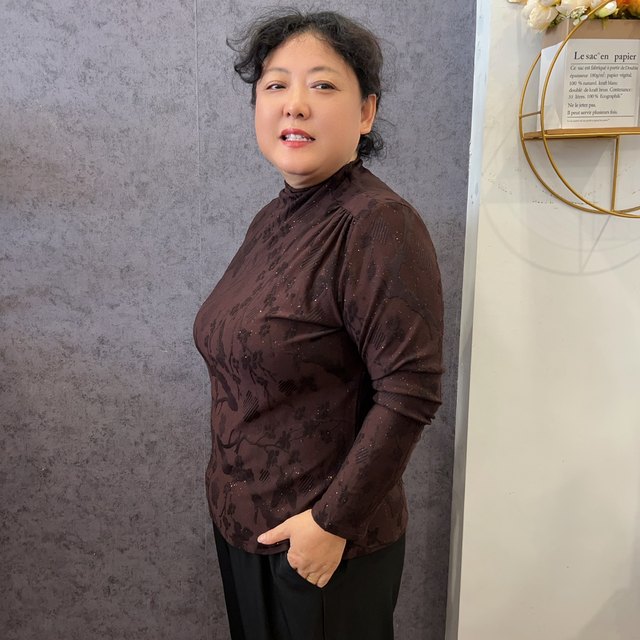 
Asymmetrical design jacquard dark pattern fine flash pullover T-shirt half turtleneck base shirt fashionable elastic long sleeve mother