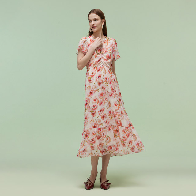 First drop of Goria silk halter neck dress for women in summer beautiful printed V-neck vacation style mulberry silk long skirt